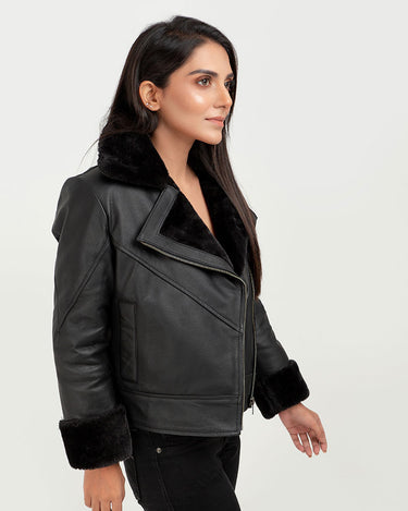 Edwina Black Aviator Leather Jacket - Right