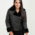 Edwina Black Aviator Leather Jacket - Zipped