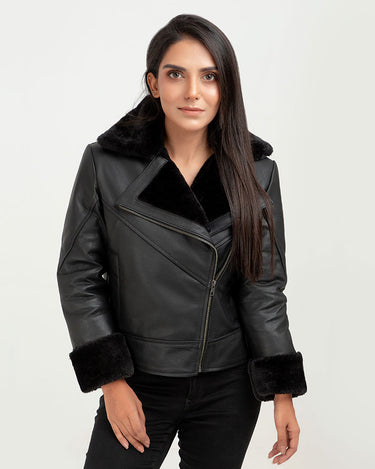 Edwina Black Aviator Leather Jacket - Zipped