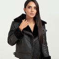 Edwina Black Aviator Leather Jacket - Zoomed