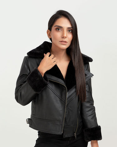 Edwina Black Aviator Leather Jacket - Zoomed