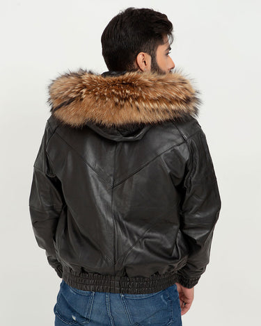 Elias Black Leather Jacket with Natural Fur Hood - Back