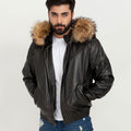 Elias Black Leather Jacket with Natural Fur Hood - Front