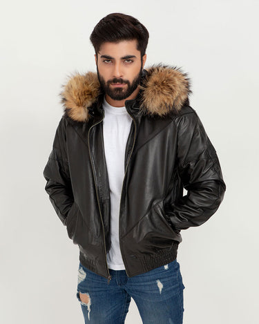 Elias Black Leather Jacket with Natural Fur Hood - Front