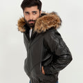 Elias Black Leather Jacket with Natural Fur Hood - Left