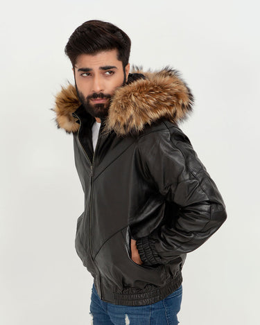 Elias Black Leather Jacket with Natural Fur Hood - Left