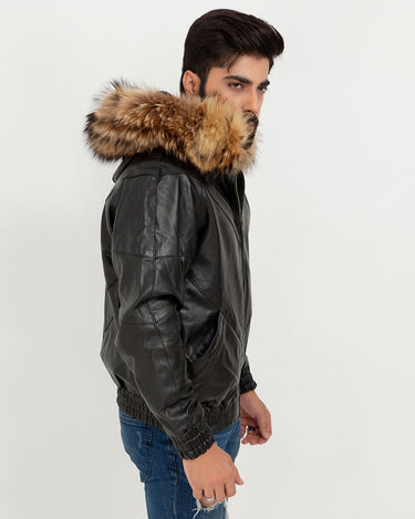 Elias Black Leather Jacket with Natural Fur Hood - Right