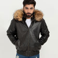 Elias Black Leather Jacket with Natural Fur Hood - Zipped