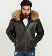 Elias Black Leather Jacket with Natural Fur Hood - Zipped