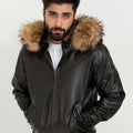 Elias Black Leather Jacket with Natural Fur Hood - Zoom