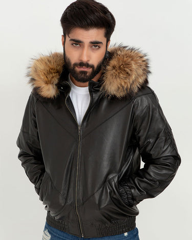 Elias Black Leather Jacket with Natural Fur Hood - Zoom