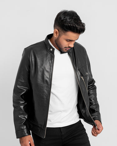 Elliot Slim Suited Black Leather Jacket - Front