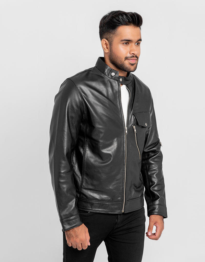 Elliot Slim Suited Black Leather Jacket - Left