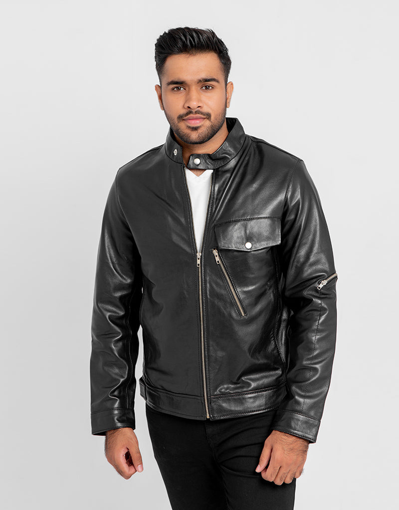 Elliot Slim Suited Black Leather Jacket - Zipped