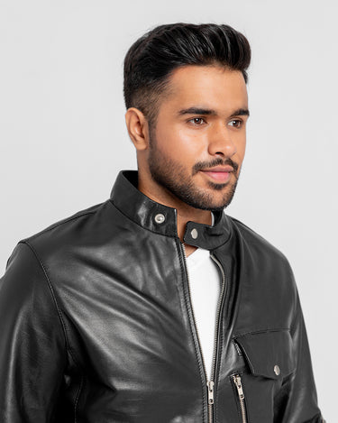 Elliot Slim Suited Black Leather Jacket - Zoomed