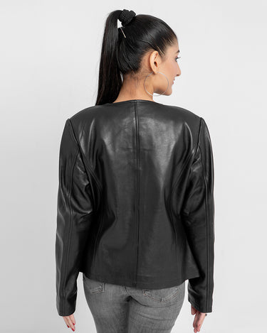 Eloise Frill Trim Black Leather Cropped Jacket - Back