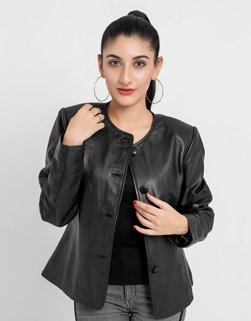 Eloise Frill Trim Black Leather Cropped Jacket - Front