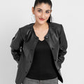 Eloise Frill Trim Black Leather Cropped Jacket - Front Open