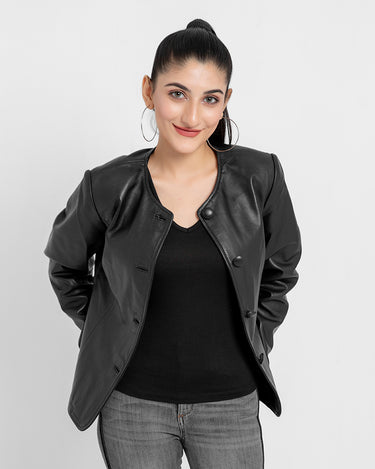 Eloise Frill Trim Black Leather Cropped Jacket - Front Open