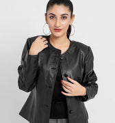 Eloise Frill Trim Black Leather Cropped Jacket - Front