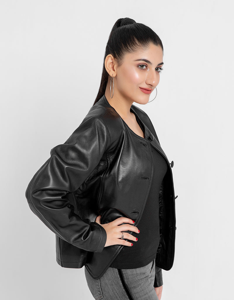 Eloise Frill Trim Black Leather Cropped Jacket - Left