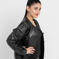 Eloise Frill Trim Black Leather Cropped Jacket - Left