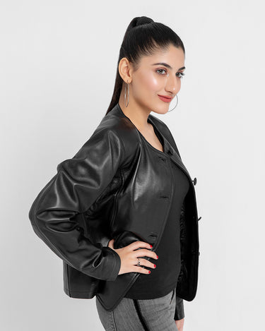 Eloise Frill Trim Black Leather Cropped Jacket - Left