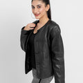 Eloise Frill Trim Black Leather Cropped Jacket - Right