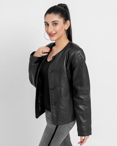 Eloise Frill Trim Black Leather Cropped Jacket - Right