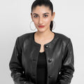 Eloise Frill Trim Black Leather Cropped Jacket - Zoomed