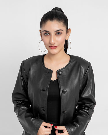 Eloise Frill Trim Black Leather Cropped Jacket - Zoomed