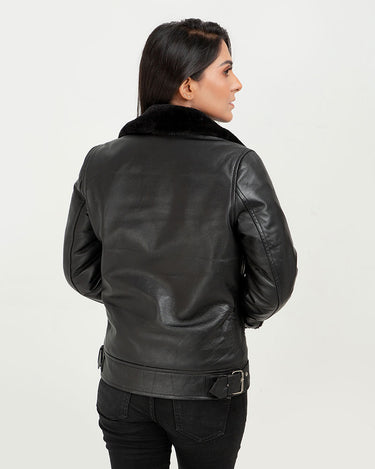 Emalyn Black Biker Leather Jacket - Back