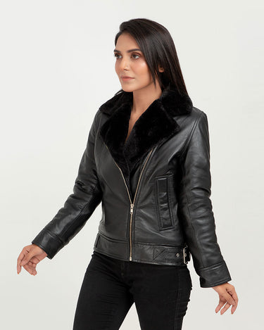 Emalyn Black Biker Leather Jacket - Left