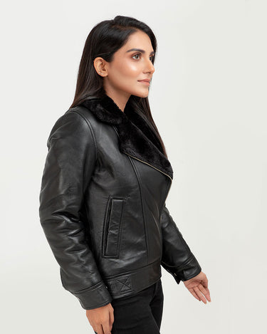 Emalyn Black Biker Leather Jacket - Right