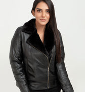 Emalyn Black Biker Leather Jacket - Zipped