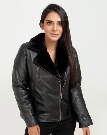 Emalyn Black Biker Leather Jacket - Zipped