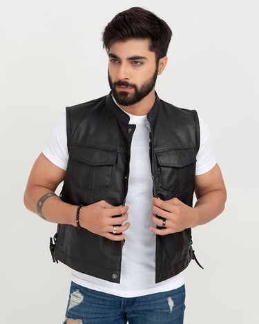 Freedom Genuine Black Leather Vest - Front