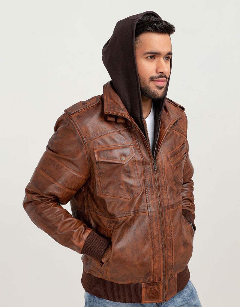 Fritz Brown Hoodie Leather Jacket - Front