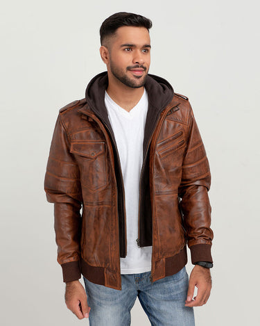 Fritz Brown Hoodie Leather Jacket - Front Unzipped