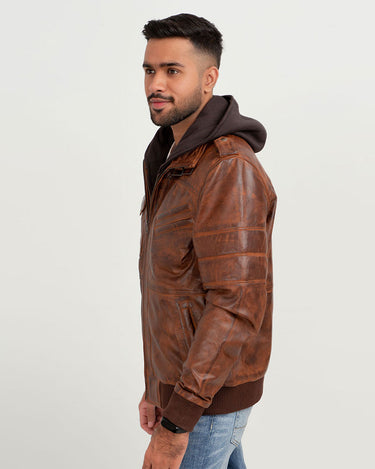 Fritz Brown Hoodie Leather Jacket - Left