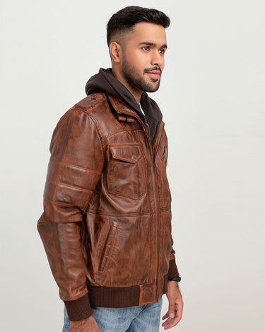 Fritz Brown Hoodie Leather Jacket - Right