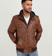 Fritz Brown Hoodie Leather Jacket - Zipped