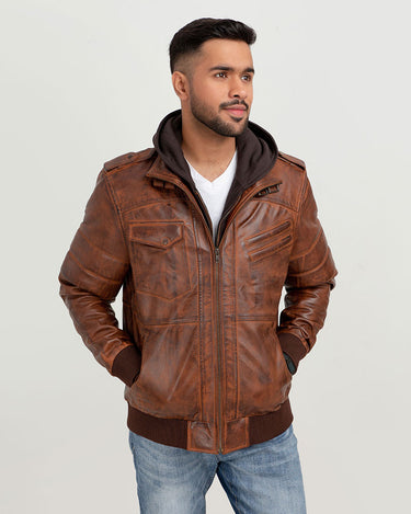 Fritz Brown Hoodie Leather Jacket - Zipped