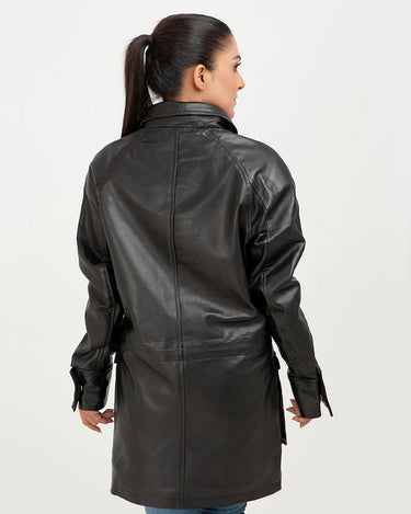 Heather Drawstring-Accent Long Black Leather Jacket - Back