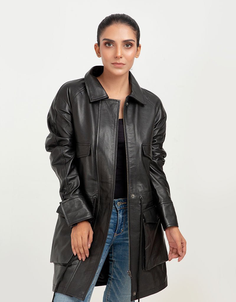 Heather Drawstring-Accent Long Black Leather Jacket - Front