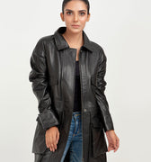 Heather Drawstring-Accent Long Black Leather Jacket - Front