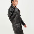 Heather Drawstring-Accent Long Black Leather Jacket - Right