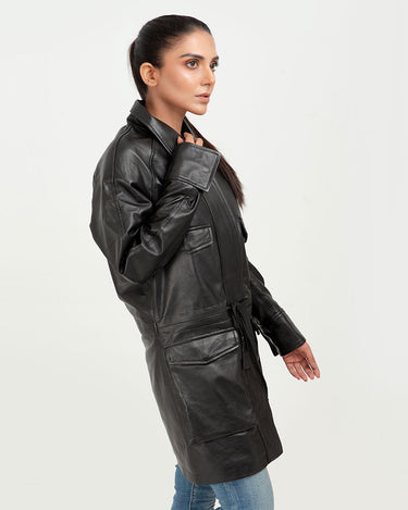 Heather Drawstring-Accent Long Black Leather Jacket - Right