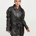 Heather Drawstring-Accent Long Black Leather Jacket - Zipped