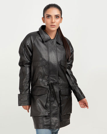 Heather Drawstring-Accent Long Black Leather Jacket - Zipped